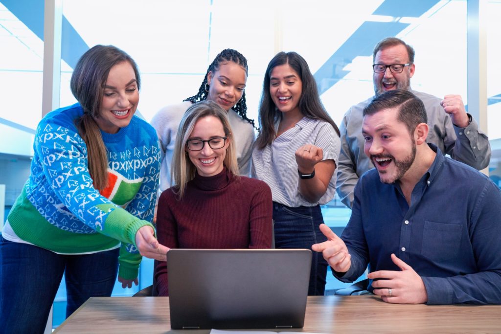 a group of people laughing