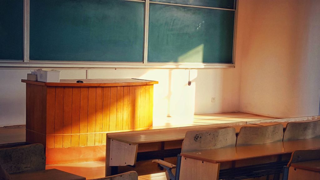 a room with a blackboard