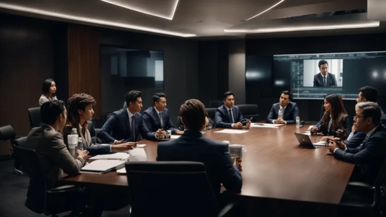 a team of professionals gathered around a conference table, enthusiastically brainstorming and strategizing ideas on a large digital screen.