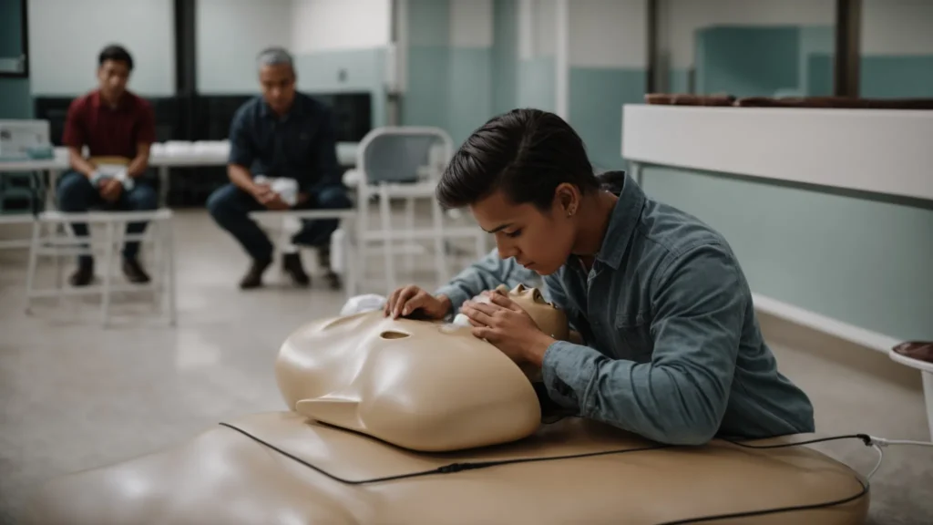 a person practices chest compressions on a cpr manikin during a first-aid class.