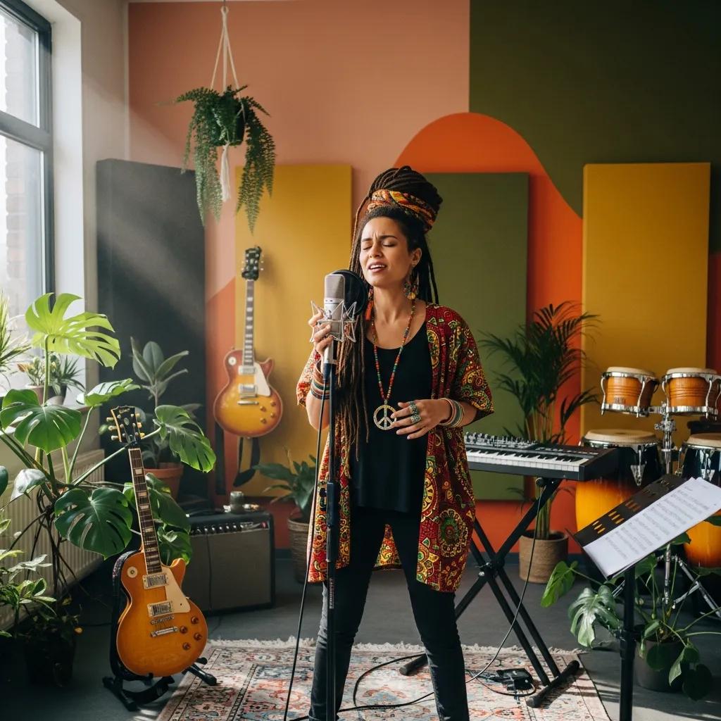Female reggae artist recording music in a studio, symbolizing empowerment and wellness