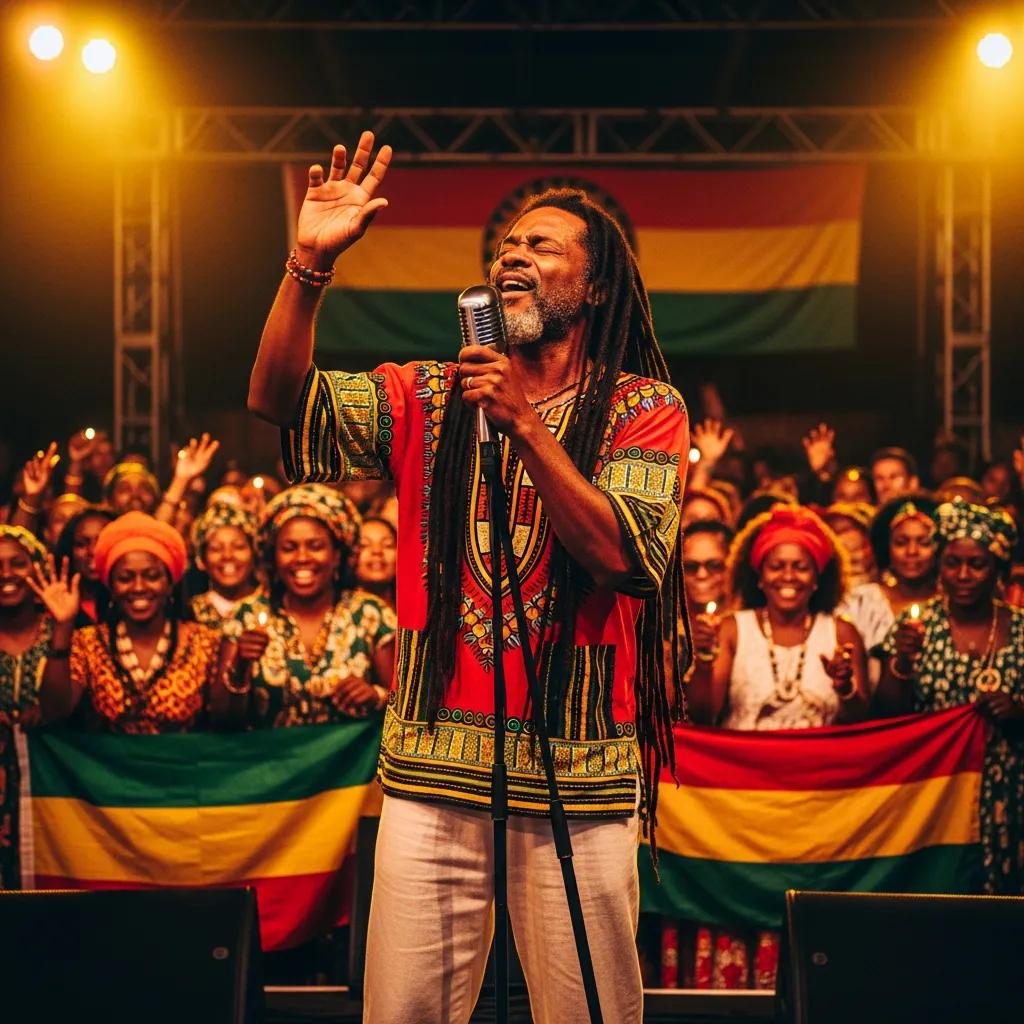 Roots reggae artist performing live with an engaged audience in a cultural setting