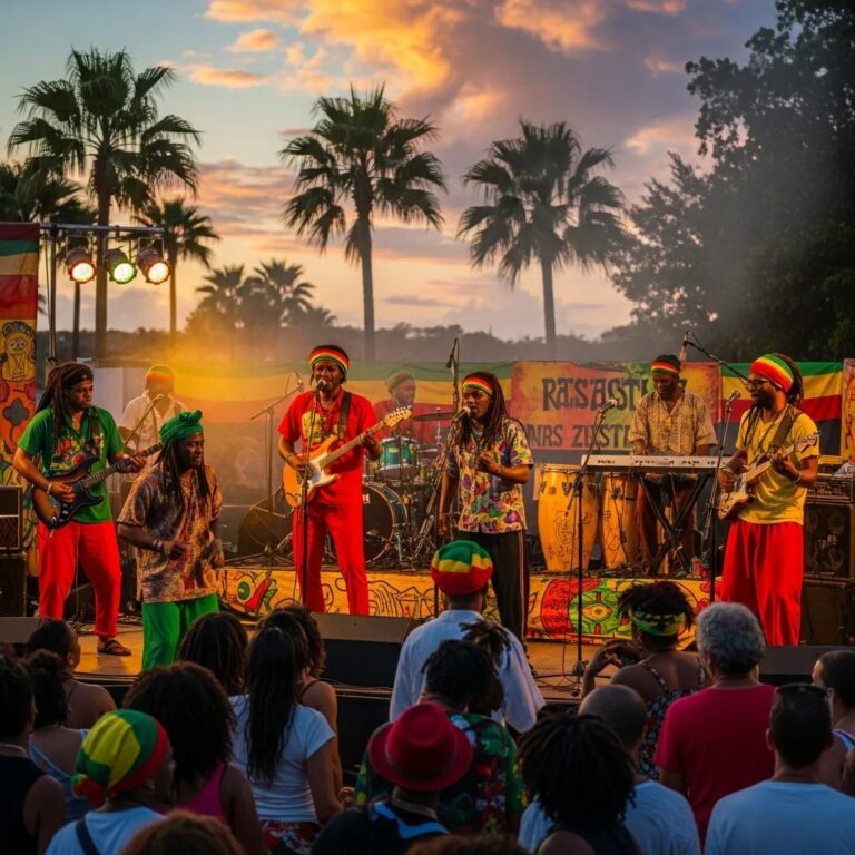 Vibrant reggae music festival scene with people dancing and musicians performing