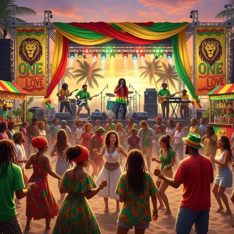 Vibrant reggae music festival scene with dancers and musicians, showcasing the cultural essence of reggae