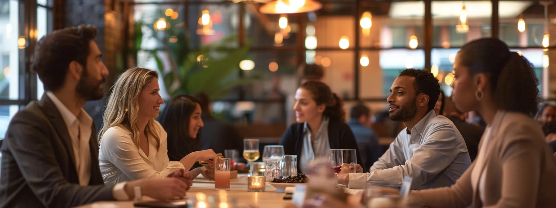 a group of business professionals gathered around a table, engaged in a lively discussion about supporting brooklyn's independent retailers to enrich their weekends and strengthen the community.
