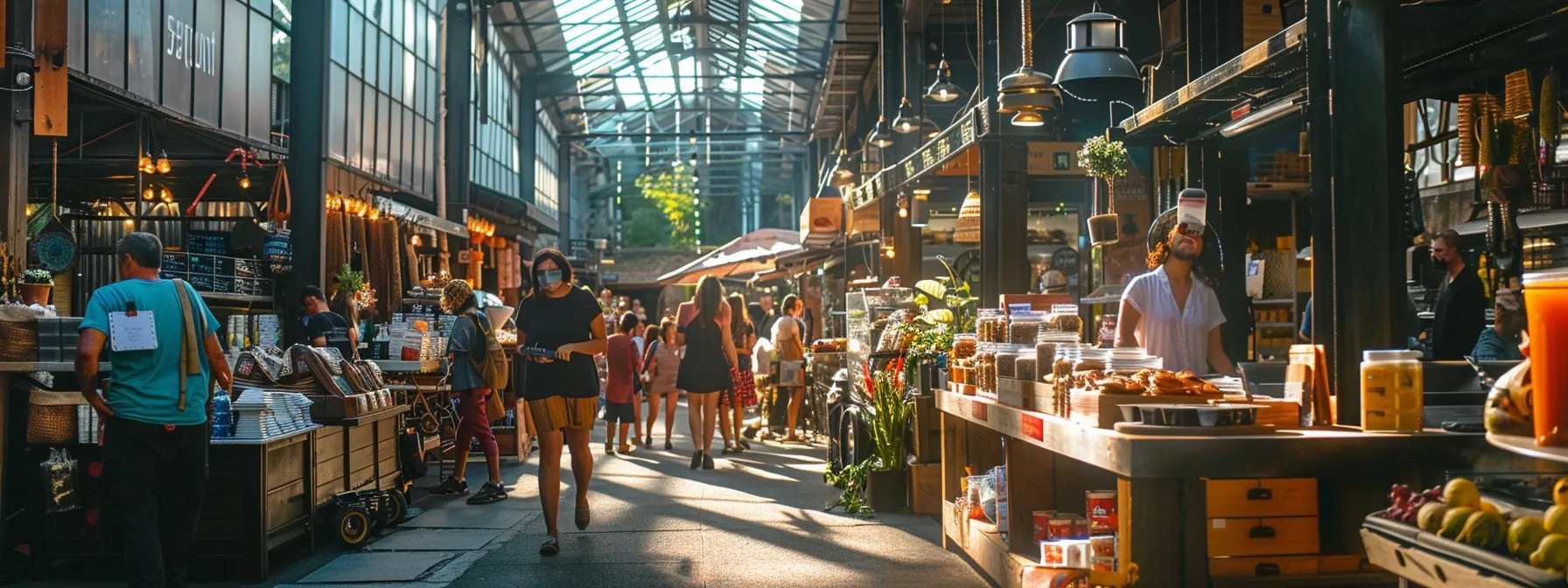 busy marketplace with sustainable outdoor brands showcasing their eco-friendly products to a diverse audience.
