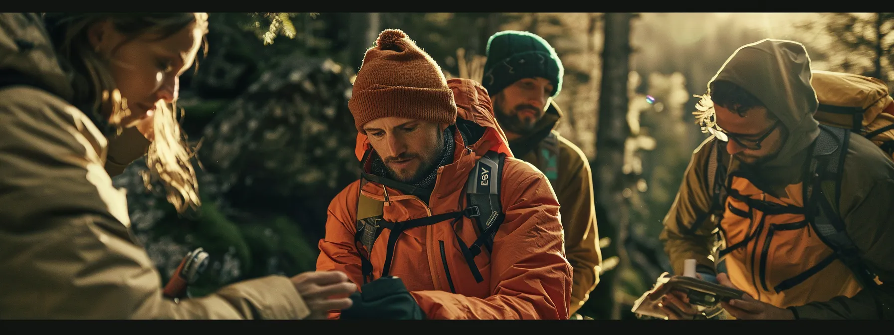 a group of professionals inspecting a line of outdoor gear with a focus on ethical manufacturing for weekends world.