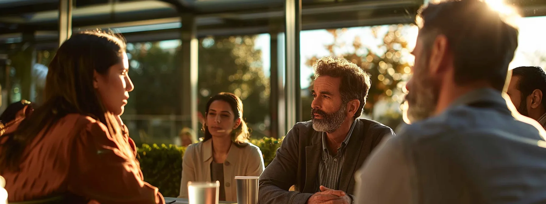 a group of professionals sitting around a table with an anchor in the background, deep in discussion about sustainable outdoor apparel.