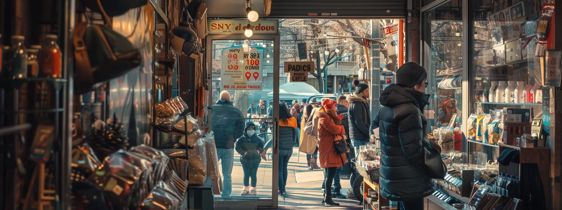 a bustling outdoor shop in brooklyn with a variety of unique products and customers browsing the selection.