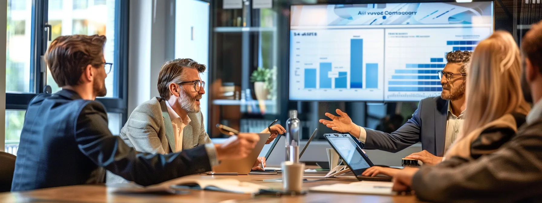 a group of business professionals in a boardroom pointing to a chart showing the positive impact of weekends world's ethical manufacturing practices.