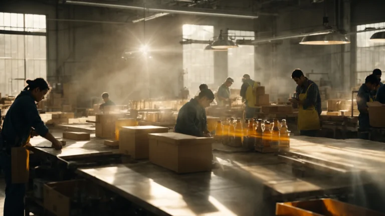 sunlight streams through factory windows illuminating workers assembling eco-friendly products.