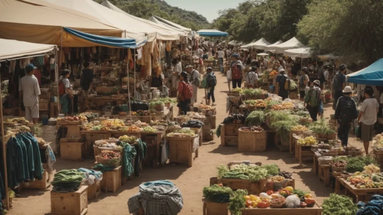 a bustling outdoor market showcasing eco-friendly camping gear and sustainable hiking equipment under clear blue skies.