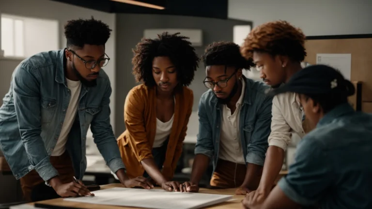a diverse team of young professionals collaboratively curates a digital bookmark board.