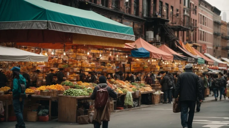 a bustling brooklyn street filled with vibrant market stalls and lively shoppers captures the weekend spirit.
